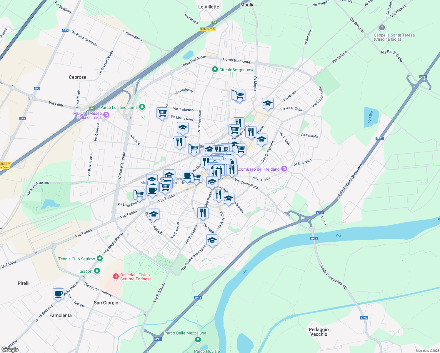 map of restaurants, bars, coffee shops, grocery stores, and more near 20 Via Castiglione in Settimo Torinese