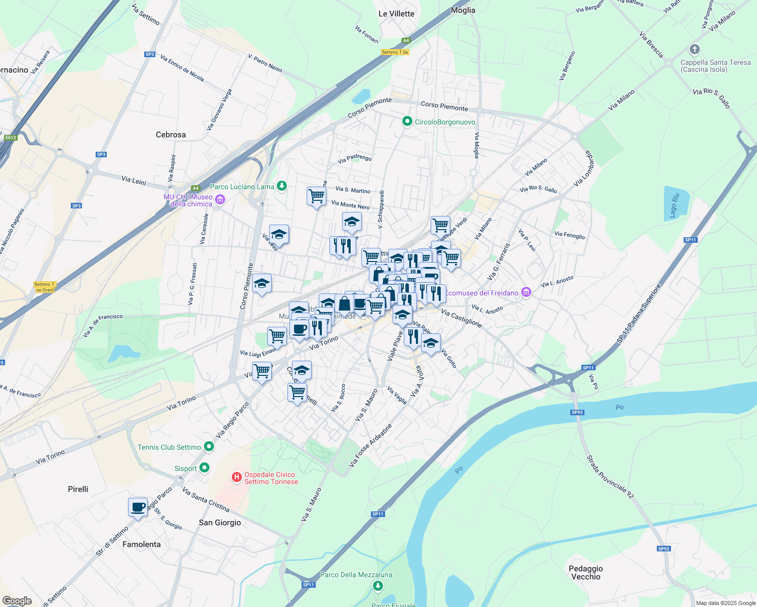 map of restaurants, bars, coffee shops, grocery stores, and more near 12 Via Pietro Giannone in Settimo Torinese