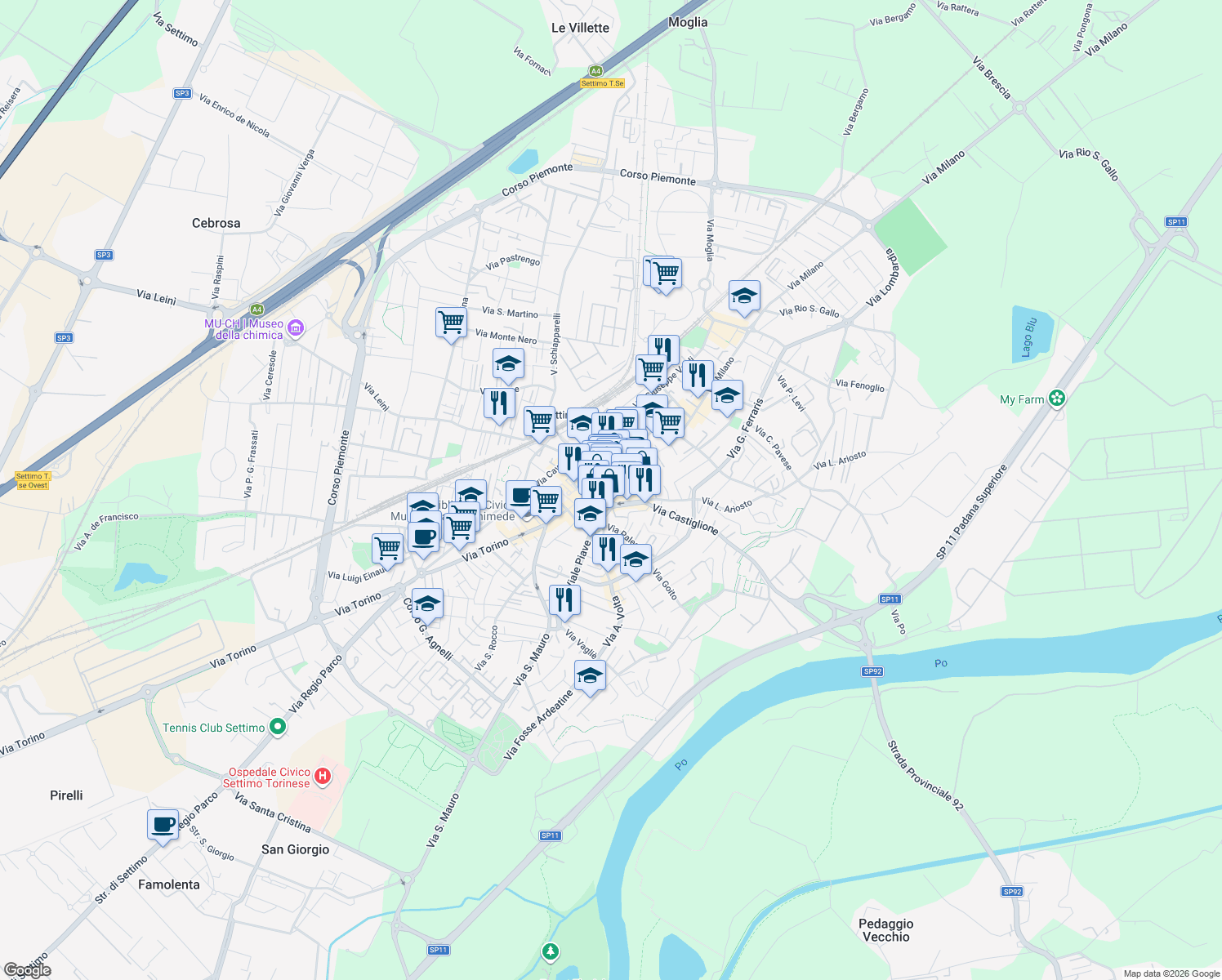 map of restaurants, bars, coffee shops, grocery stores, and more near 20 Via Castiglione in Settimo Torinese