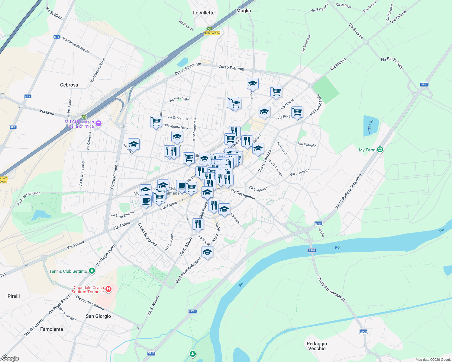 map of restaurants, bars, coffee shops, grocery stores, and more near in Metropolitan City of Turin