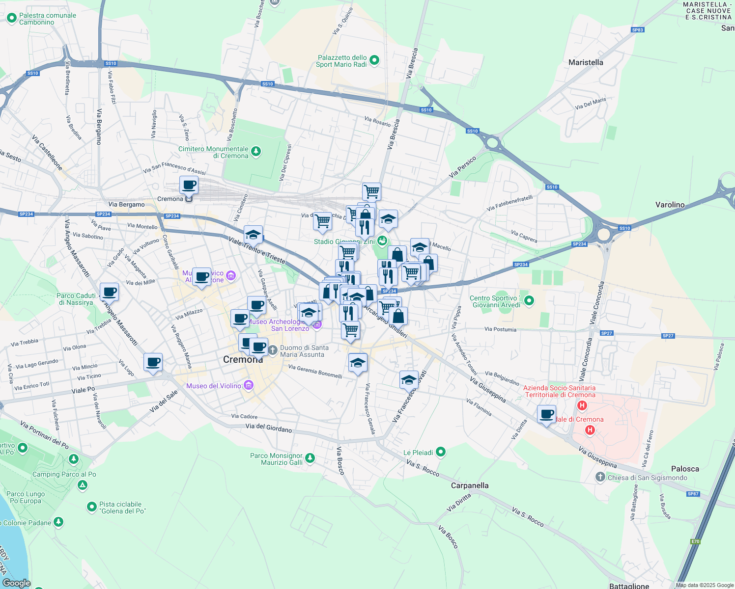 map of restaurants, bars, coffee shops, grocery stores, and more near 11 Via Mantova in Cremona