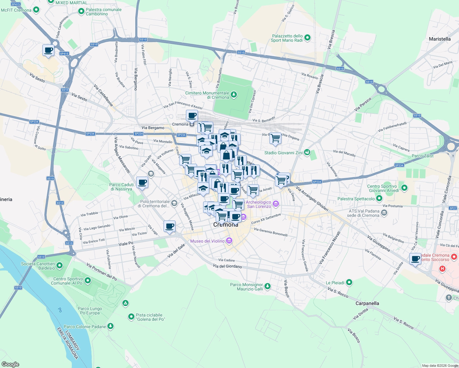map of restaurants, bars, coffee shops, grocery stores, and more near 1 Via Regina Teodolinda in Cremona