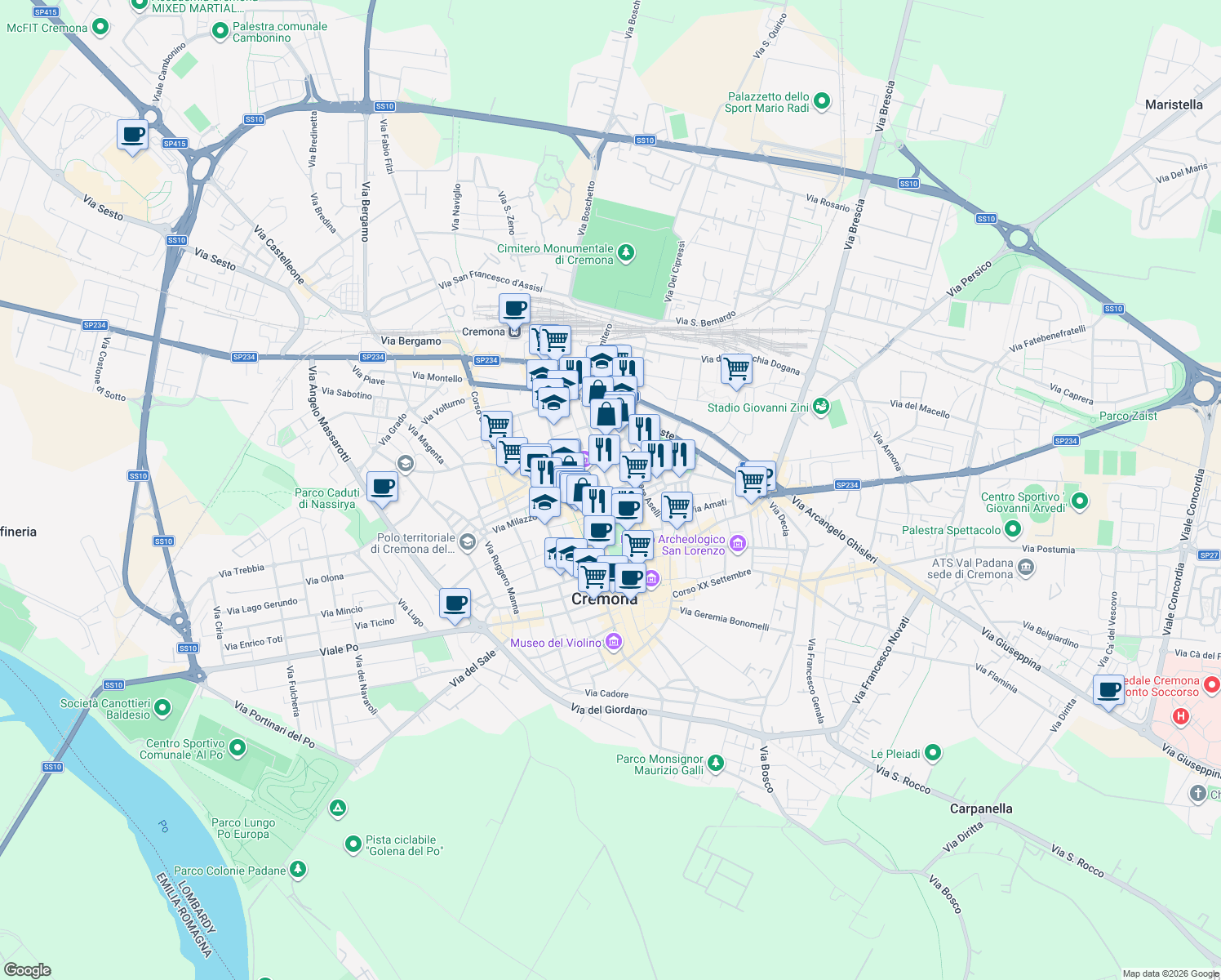 map of restaurants, bars, coffee shops, grocery stores, and more near 1 Via Regina Teodolinda in Cremona