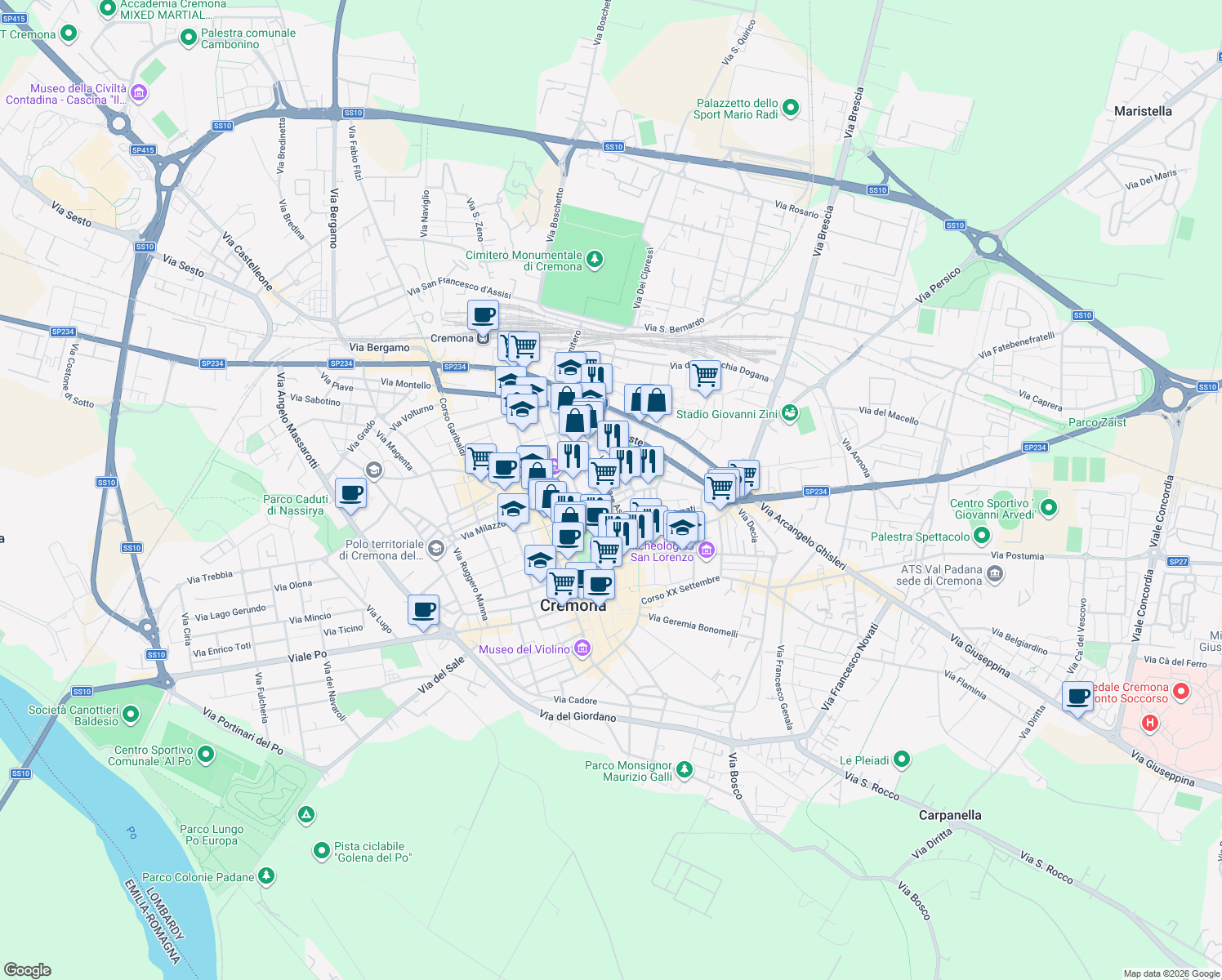 map of restaurants, bars, coffee shops, grocery stores, and more near 58 Via Gaspare Aselli in Cremona