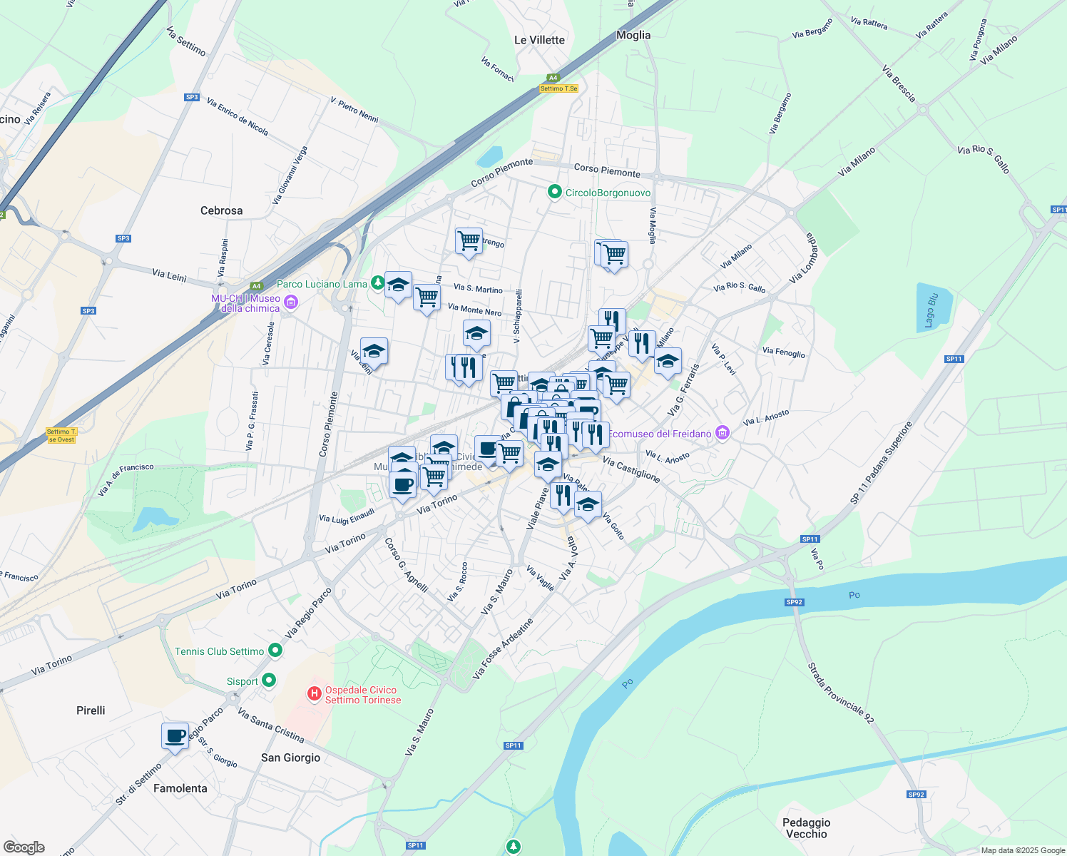 map of restaurants, bars, coffee shops, grocery stores, and more near 17A Via Cavour in Settimo Torinese