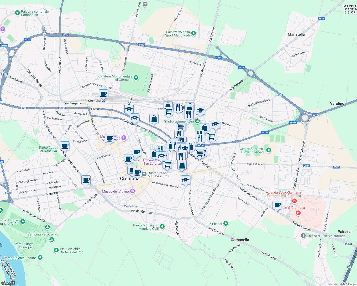 map of restaurants, bars, coffee shops, grocery stores, and more near 20 Piazza della Libertà in Cremona