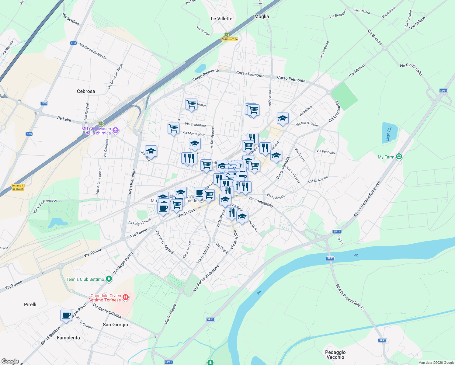 map of restaurants, bars, coffee shops, grocery stores, and more near 4 Via Vittorio Alfieri in Settimo Torinese