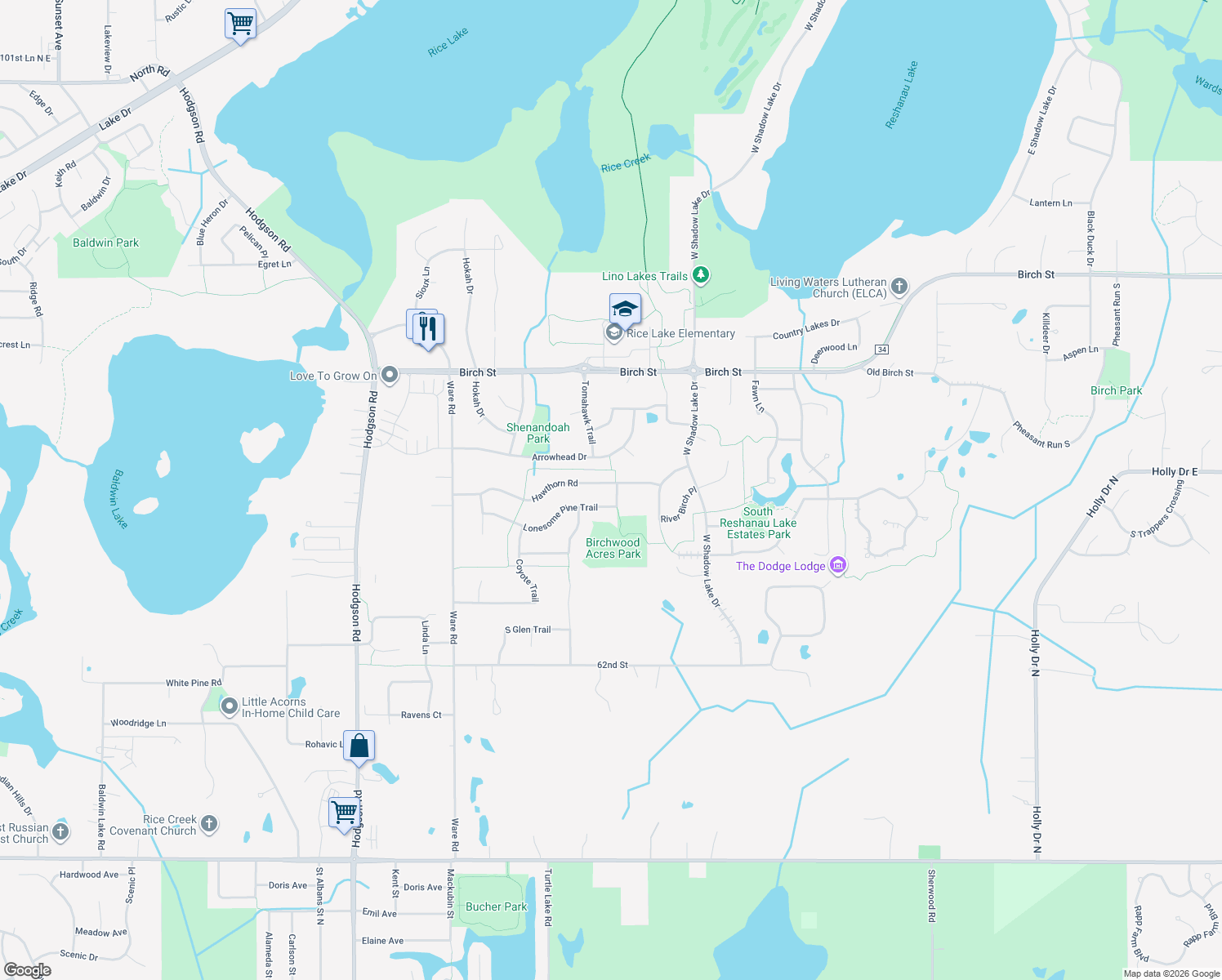 map of restaurants, bars, coffee shops, grocery stores, and more near 562 Hawthorn Road in Lino Lakes