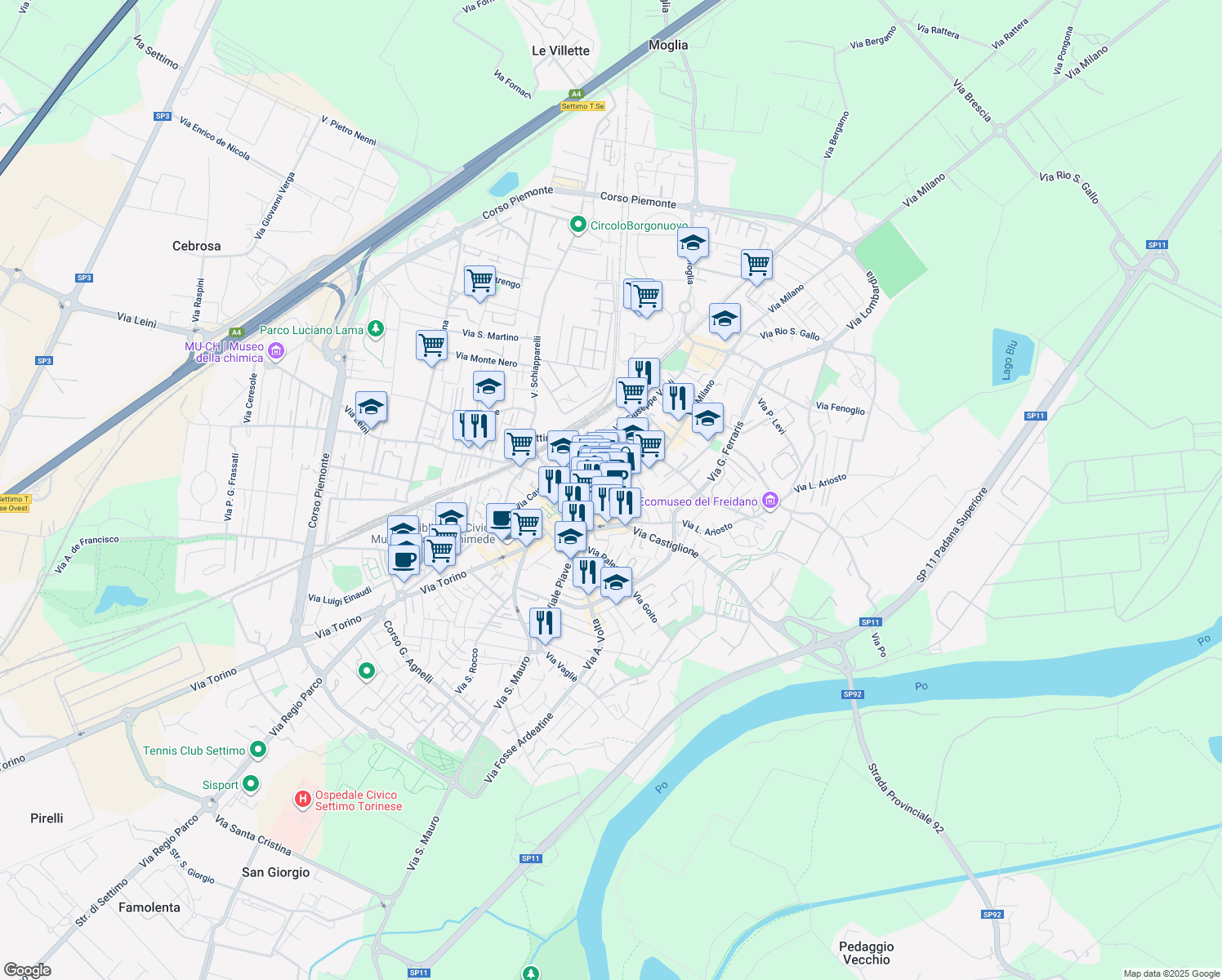 map of restaurants, bars, coffee shops, grocery stores, and more near 62 Via Italia in Settimo Torinese