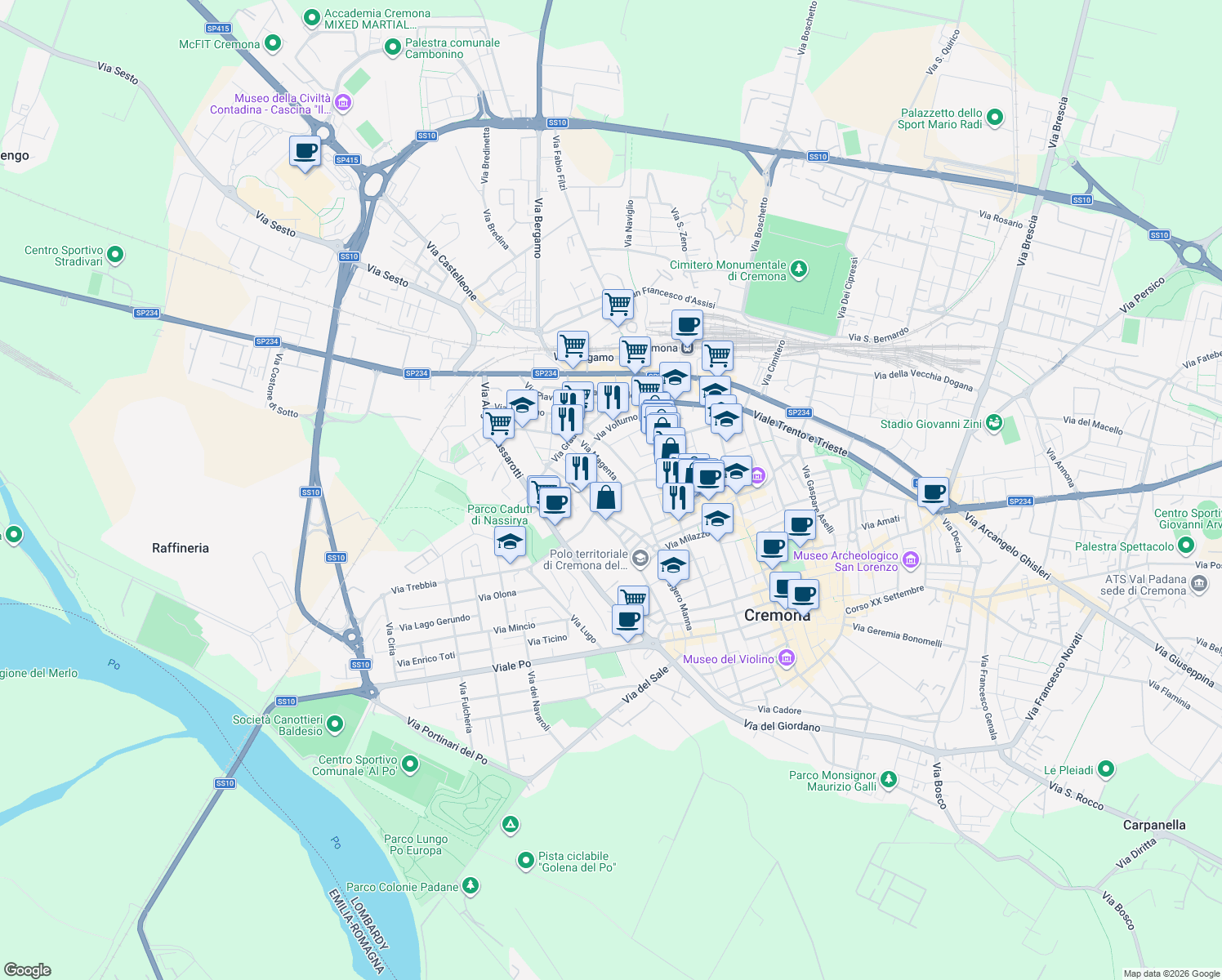 map of restaurants, bars, coffee shops, grocery stores, and more near 22 Via dei Mille in Cremona
