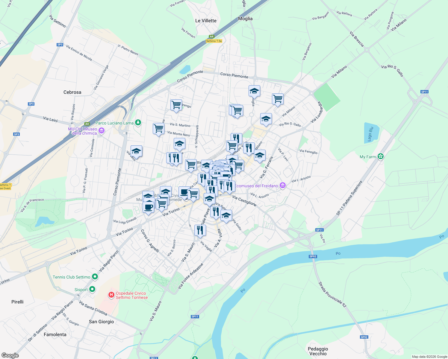 map of restaurants, bars, coffee shops, grocery stores, and more near 62 Via Italia in Settimo Torinese