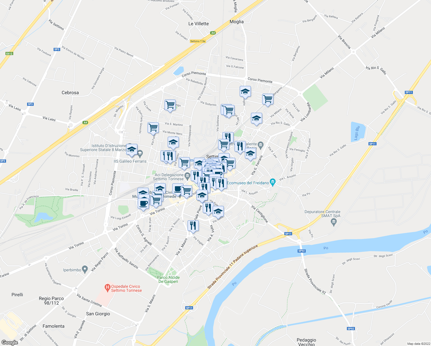 map of restaurants, bars, coffee shops, grocery stores, and more near 62 Via Italia in Settimo Torinese