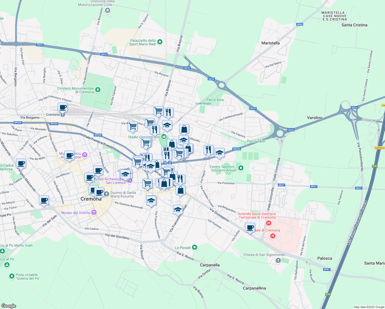 map of restaurants, bars, coffee shops, grocery stores, and more near 1 Via Ruffini in Cremona
