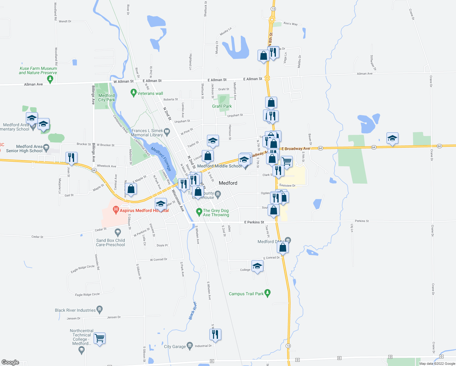 map of restaurants, bars, coffee shops, grocery stores, and more near in Medford