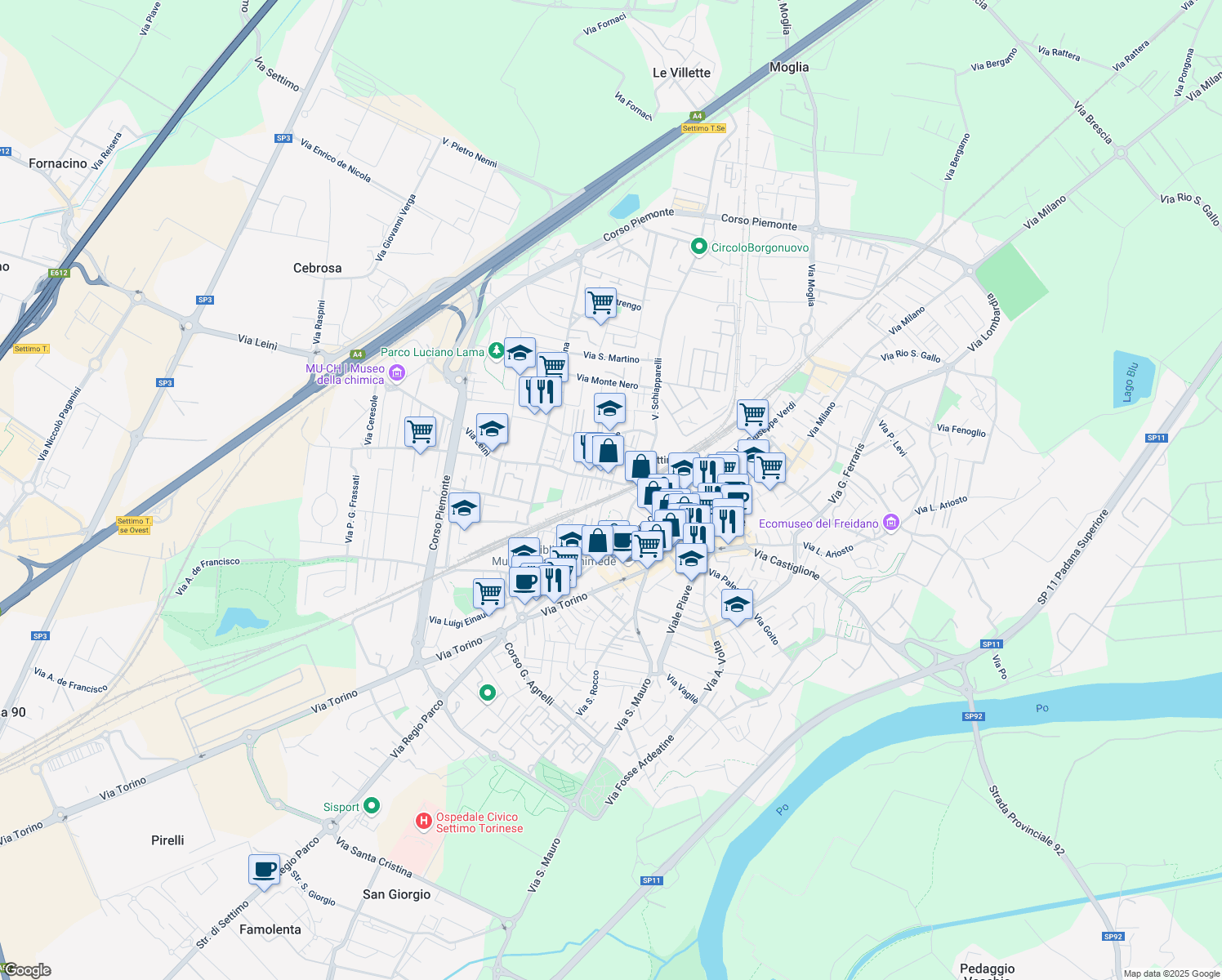 map of restaurants, bars, coffee shops, grocery stores, and more near 7 Via Leinì in Settimo Torinese