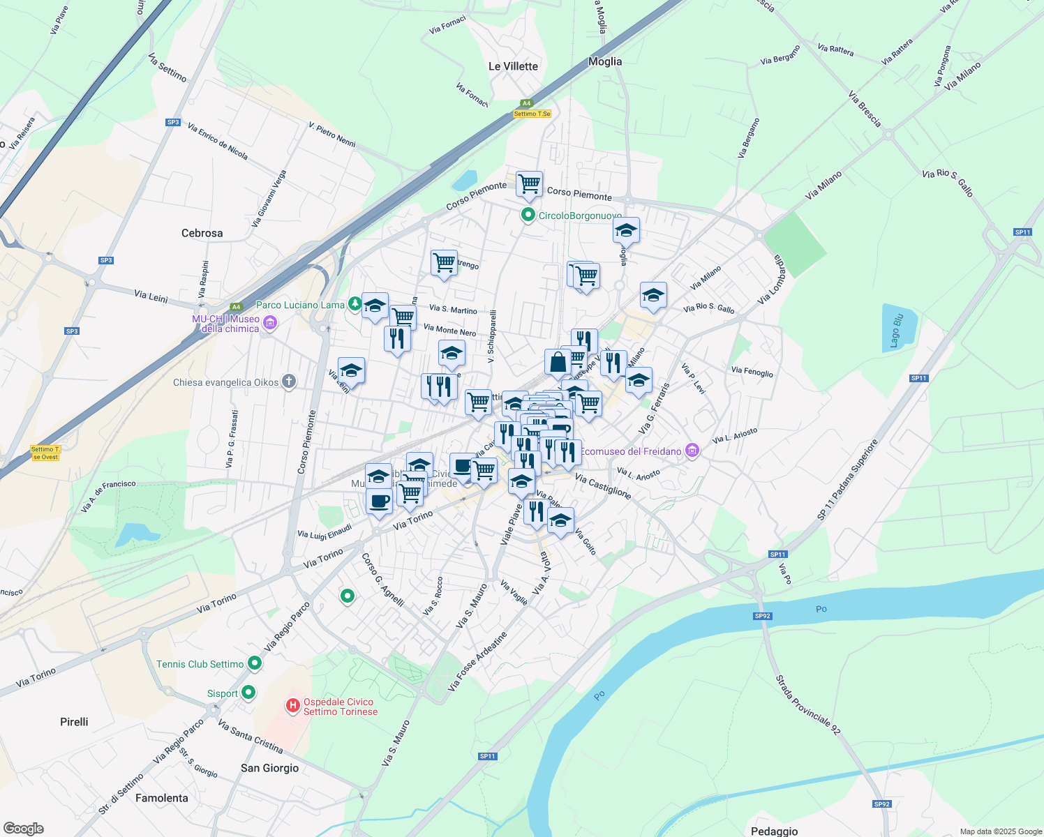 map of restaurants, bars, coffee shops, grocery stores, and more near 20 Via Roma in Settimo Torinese