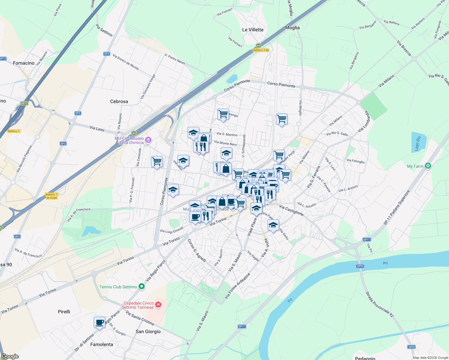 map of restaurants, bars, coffee shops, grocery stores, and more near 6 Via Trieste in Settimo Torinese