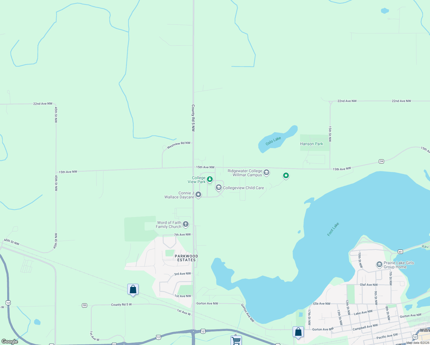 map of restaurants, bars, coffee shops, grocery stores, and more near 2700 14th Avenue Northwest in Willmar