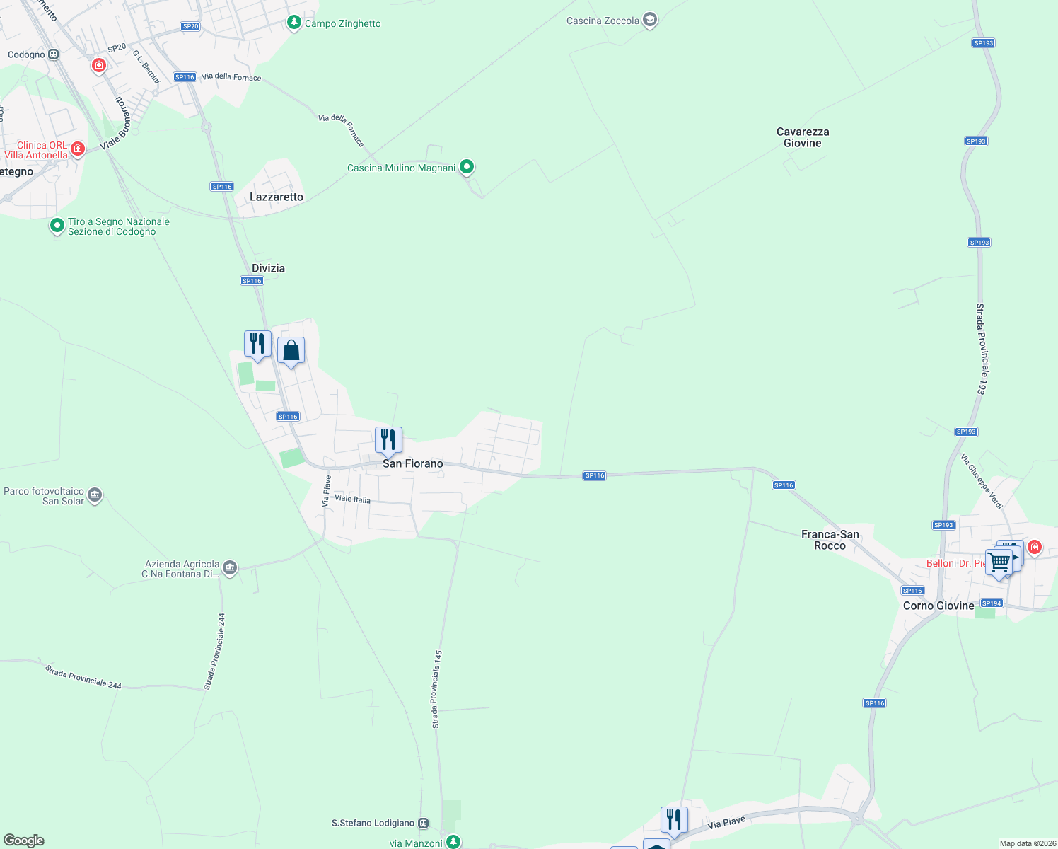 map of restaurants, bars, coffee shops, grocery stores, and more near 7 Via Meucci in San Fiorano
