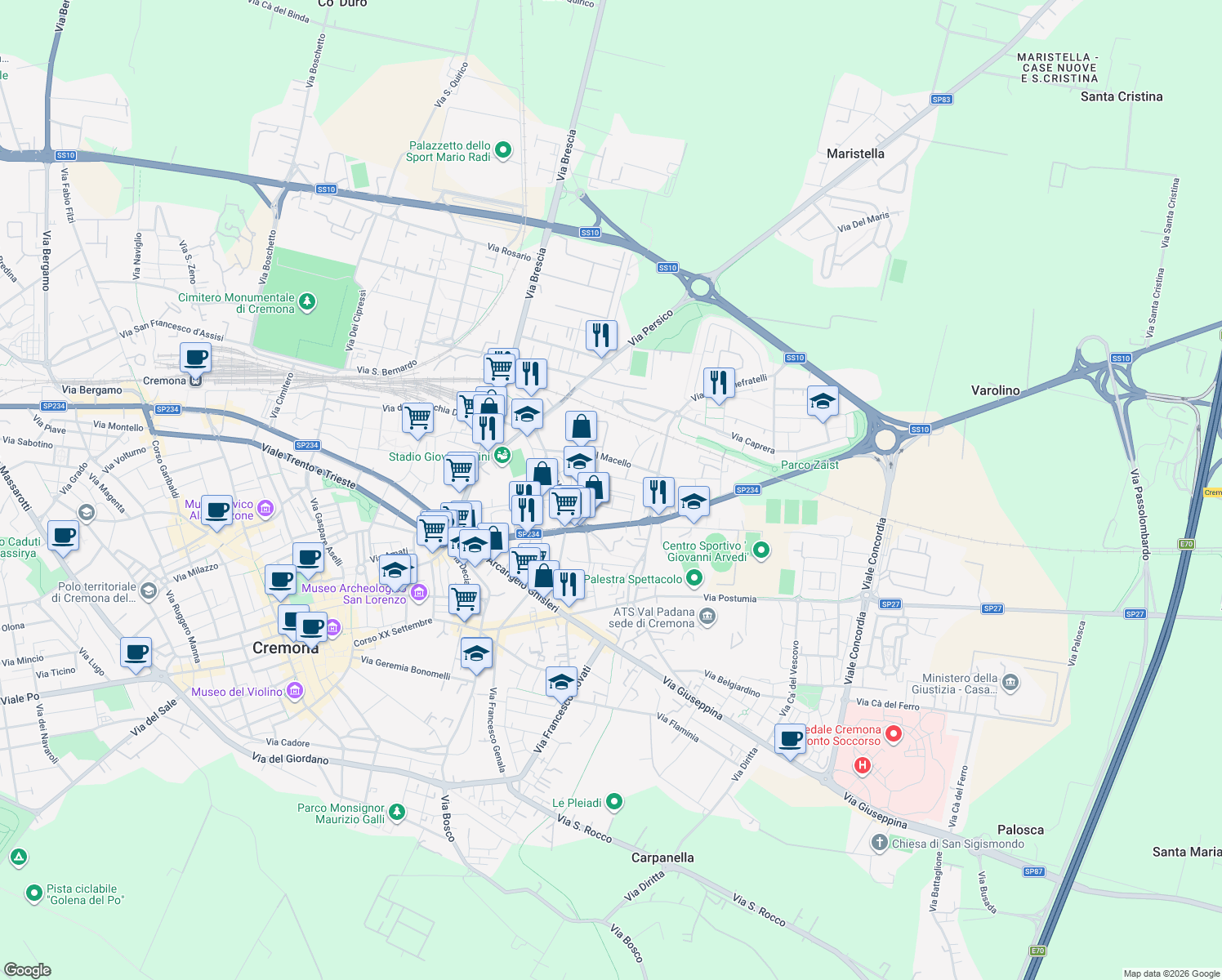 map of restaurants, bars, coffee shops, grocery stores, and more near 27 Via Lucchini in Cremona
