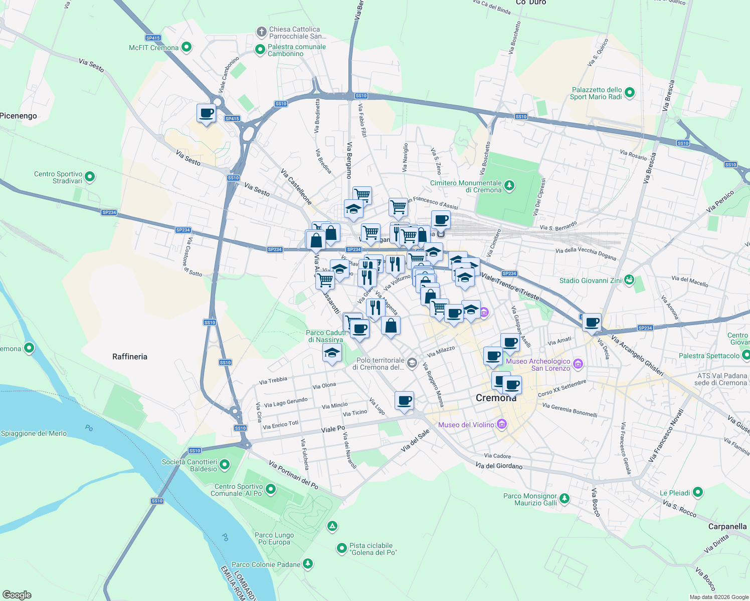 map of restaurants, bars, coffee shops, grocery stores, and more near 38 Via Magenta in Cremona