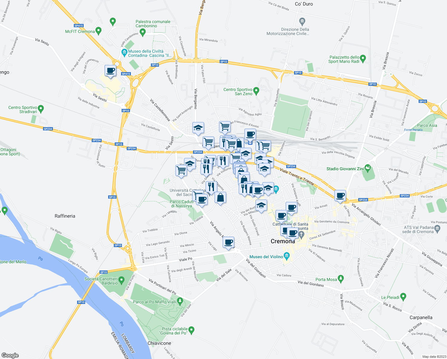 map of restaurants, bars, coffee shops, grocery stores, and more near 21 Via Giuseppe Garibotti in Cremona