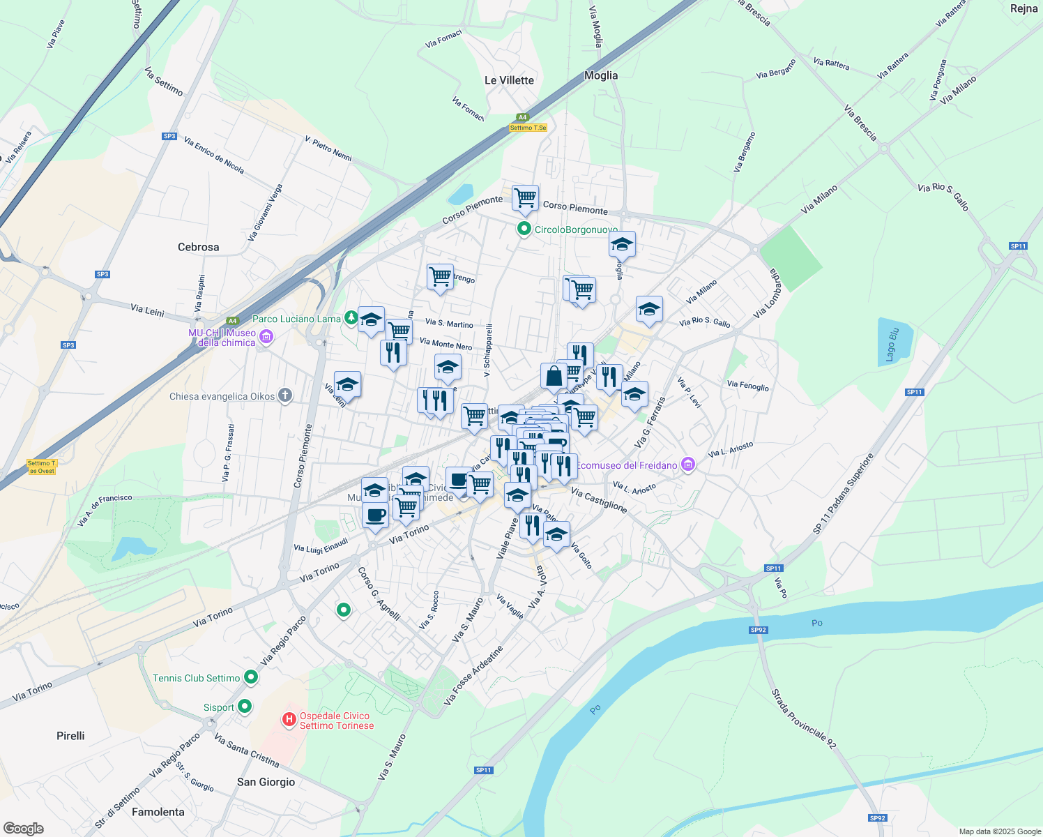 map of restaurants, bars, coffee shops, grocery stores, and more near 20 Via Roma in Settimo Torinese