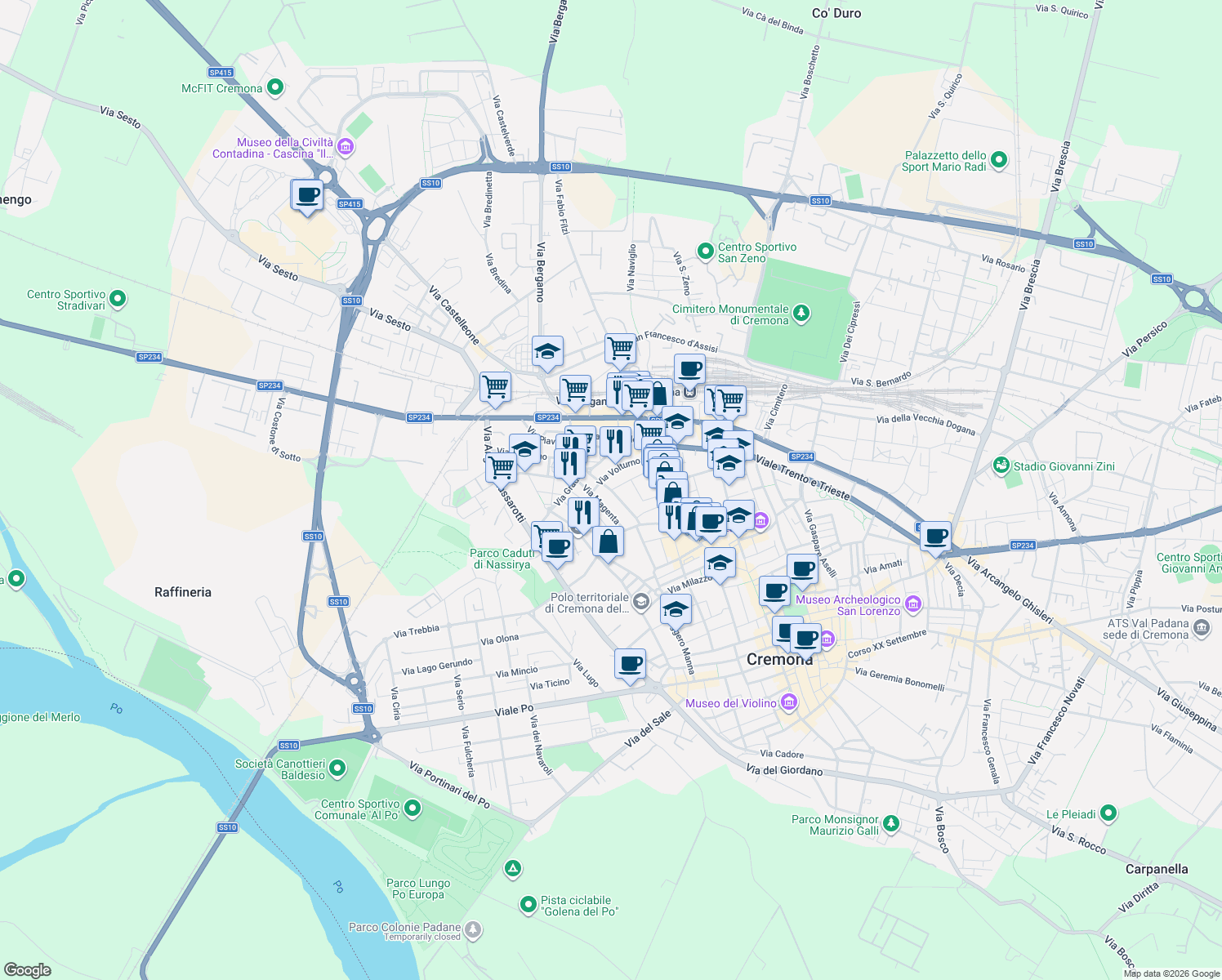 map of restaurants, bars, coffee shops, grocery stores, and more near 21-25 Via Giuseppe Garibotti in Cremona