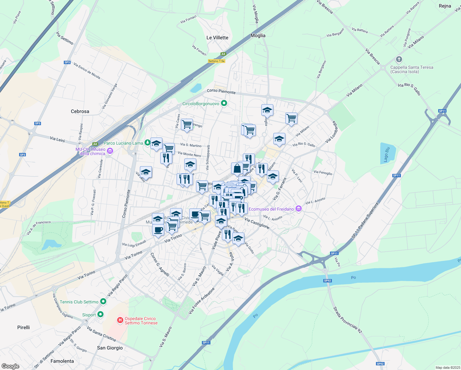 map of restaurants, bars, coffee shops, grocery stores, and more near in Settimo Torinese