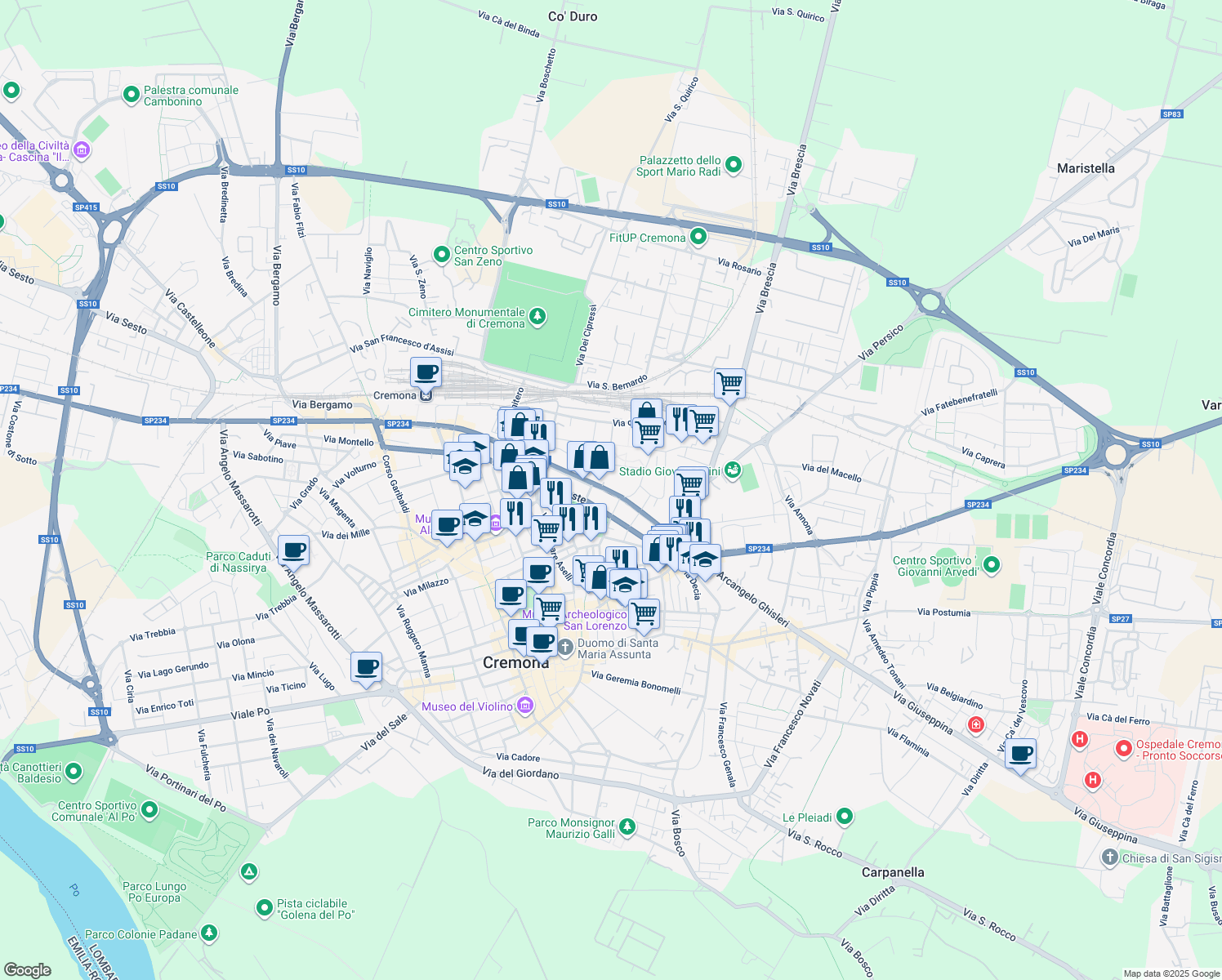 map of restaurants, bars, coffee shops, grocery stores, and more near 181 Via Dante Bernamonti in Cremona