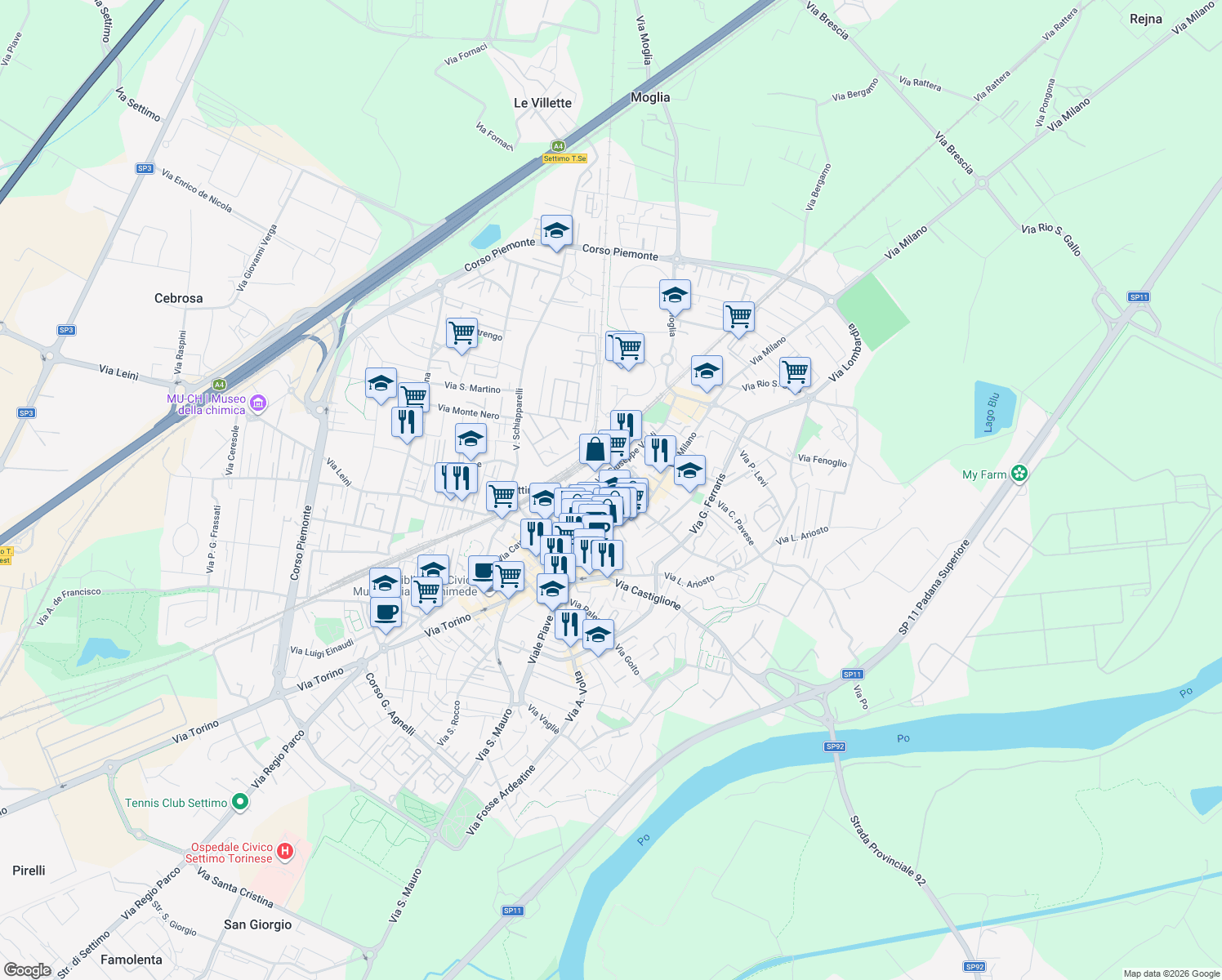 map of restaurants, bars, coffee shops, grocery stores, and more near 4 Via Michelangelo Buonarroti in Settimo Torinese
