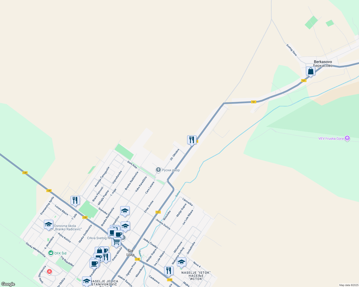 map of restaurants, bars, coffee shops, grocery stores, and more near in Berkasovo