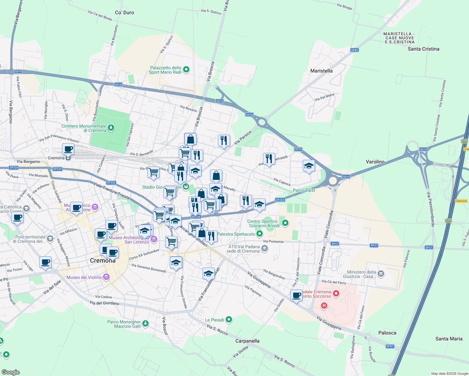 map of restaurants, bars, coffee shops, grocery stores, and more near 2 Via del Macello in Cremona