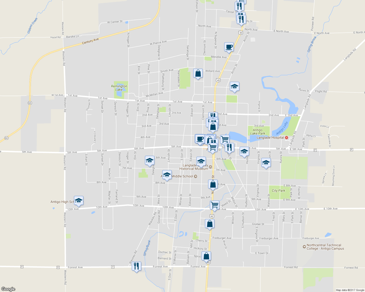 map of restaurants, bars, coffee shops, grocery stores, and more near 604 South Dorr Street in Antigo