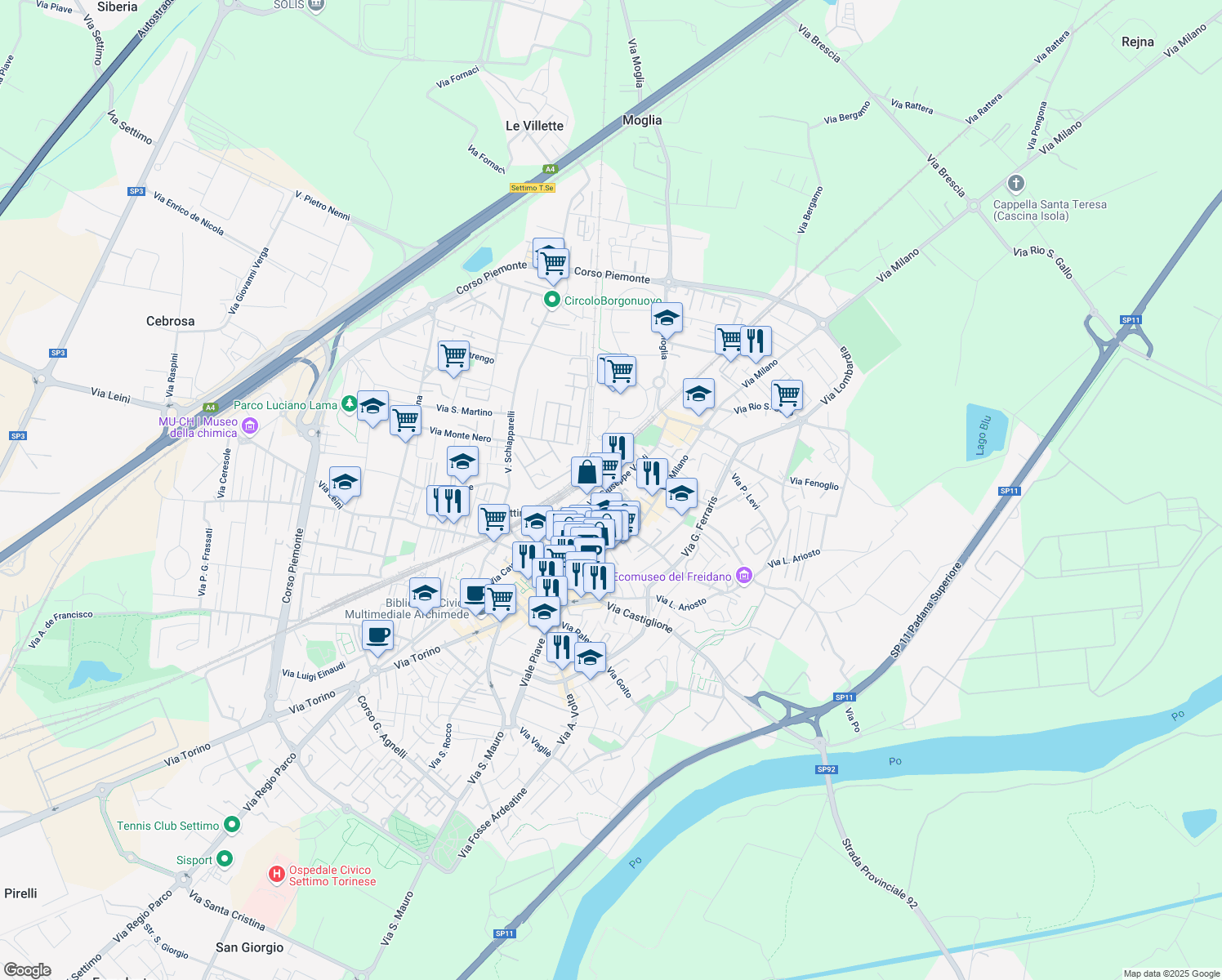 map of restaurants, bars, coffee shops, grocery stores, and more near 15 Via Galilei Galileo in Settimo Torinese