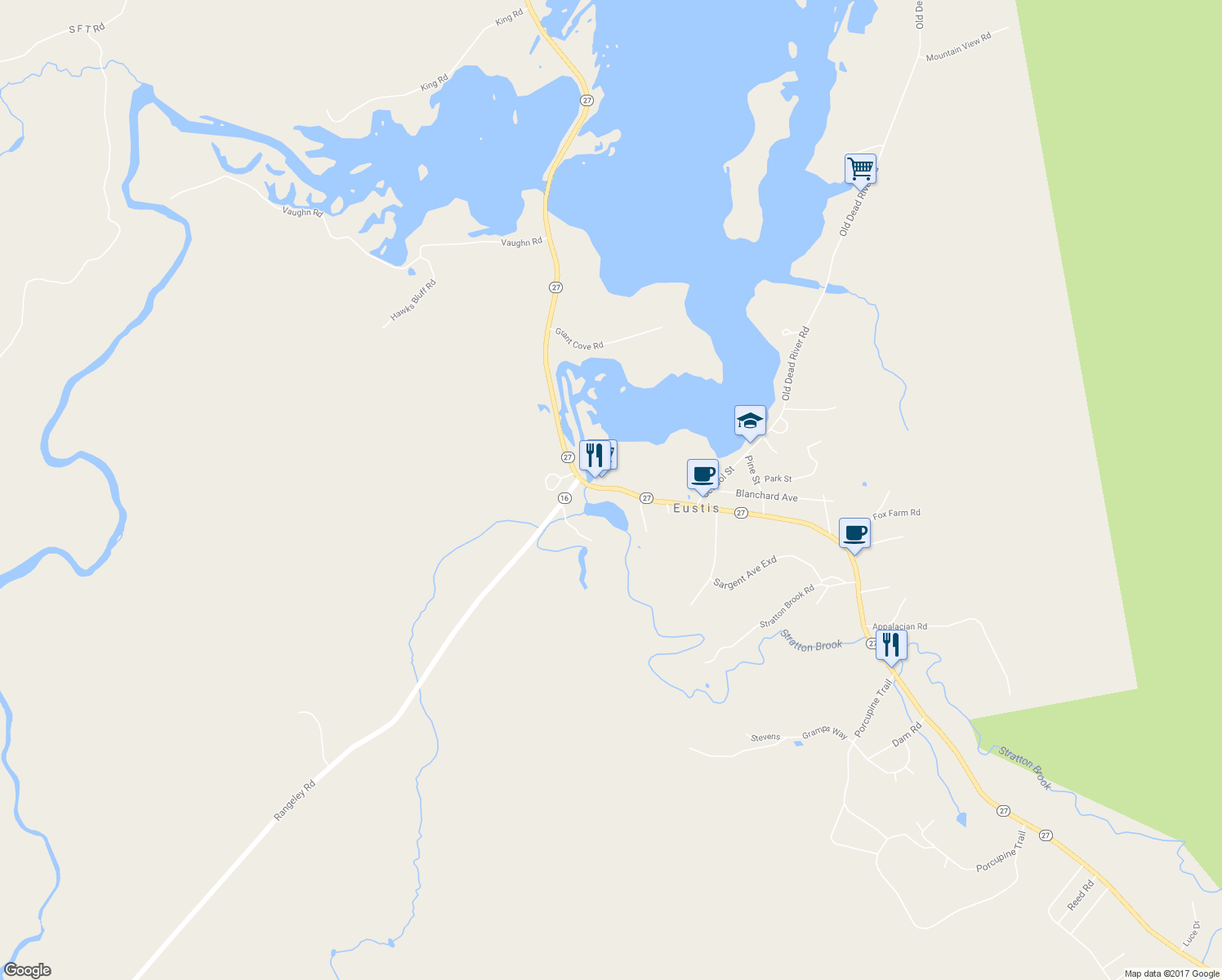 map of restaurants, bars, coffee shops, grocery stores, and more near 152 Main Street in Eustis