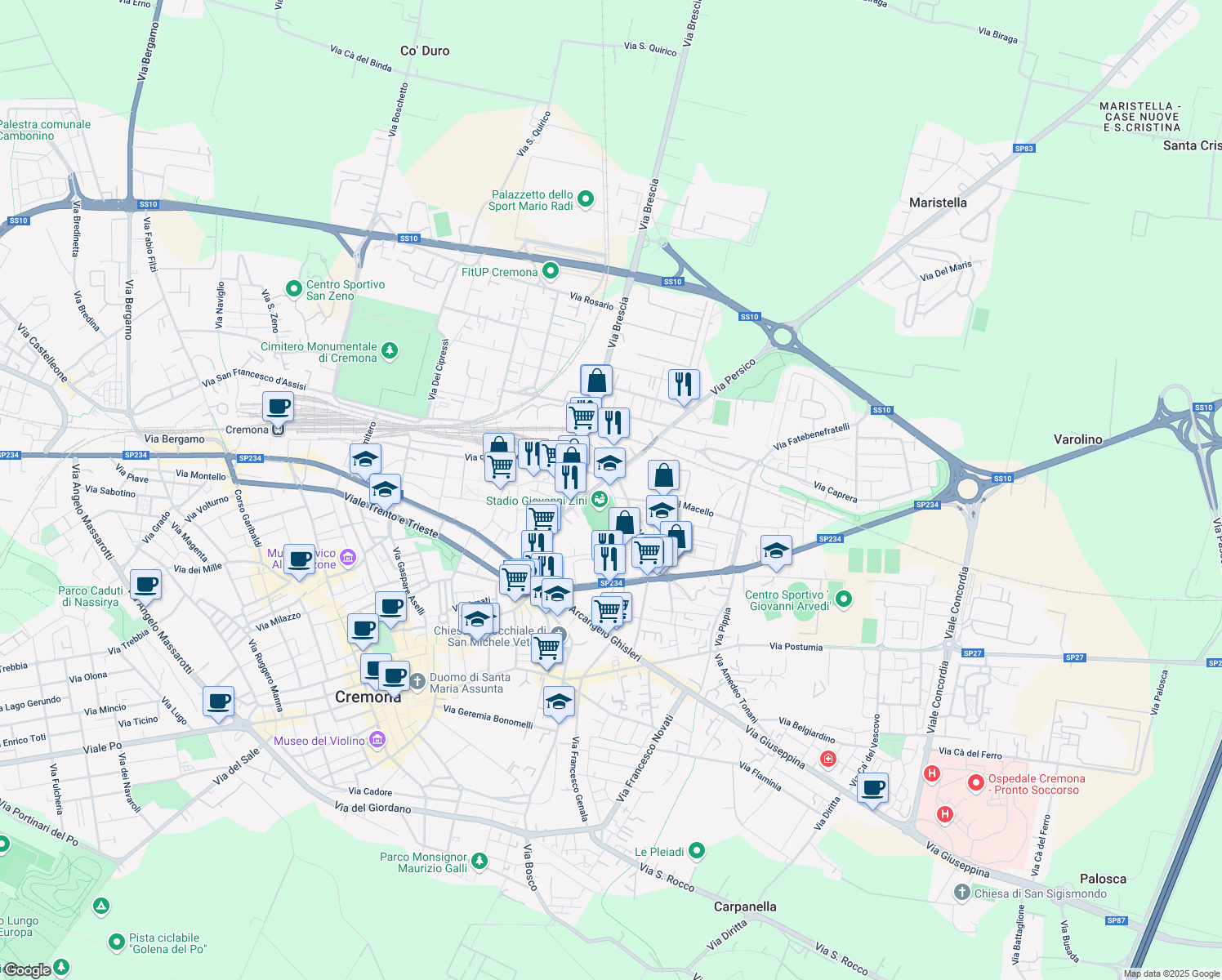 map of restaurants, bars, coffee shops, grocery stores, and more near Piazzale Domenico Luzzara in Cremona