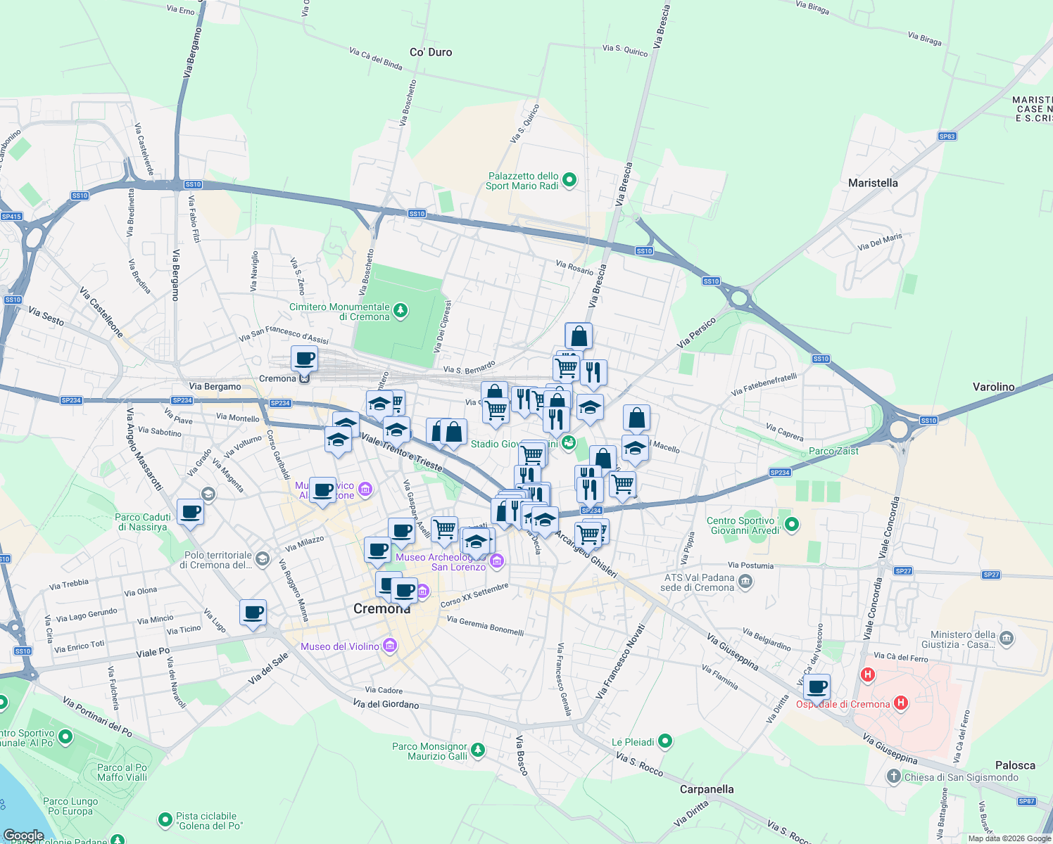 map of restaurants, bars, coffee shops, grocery stores, and more near 7 Via Carso in Cremona