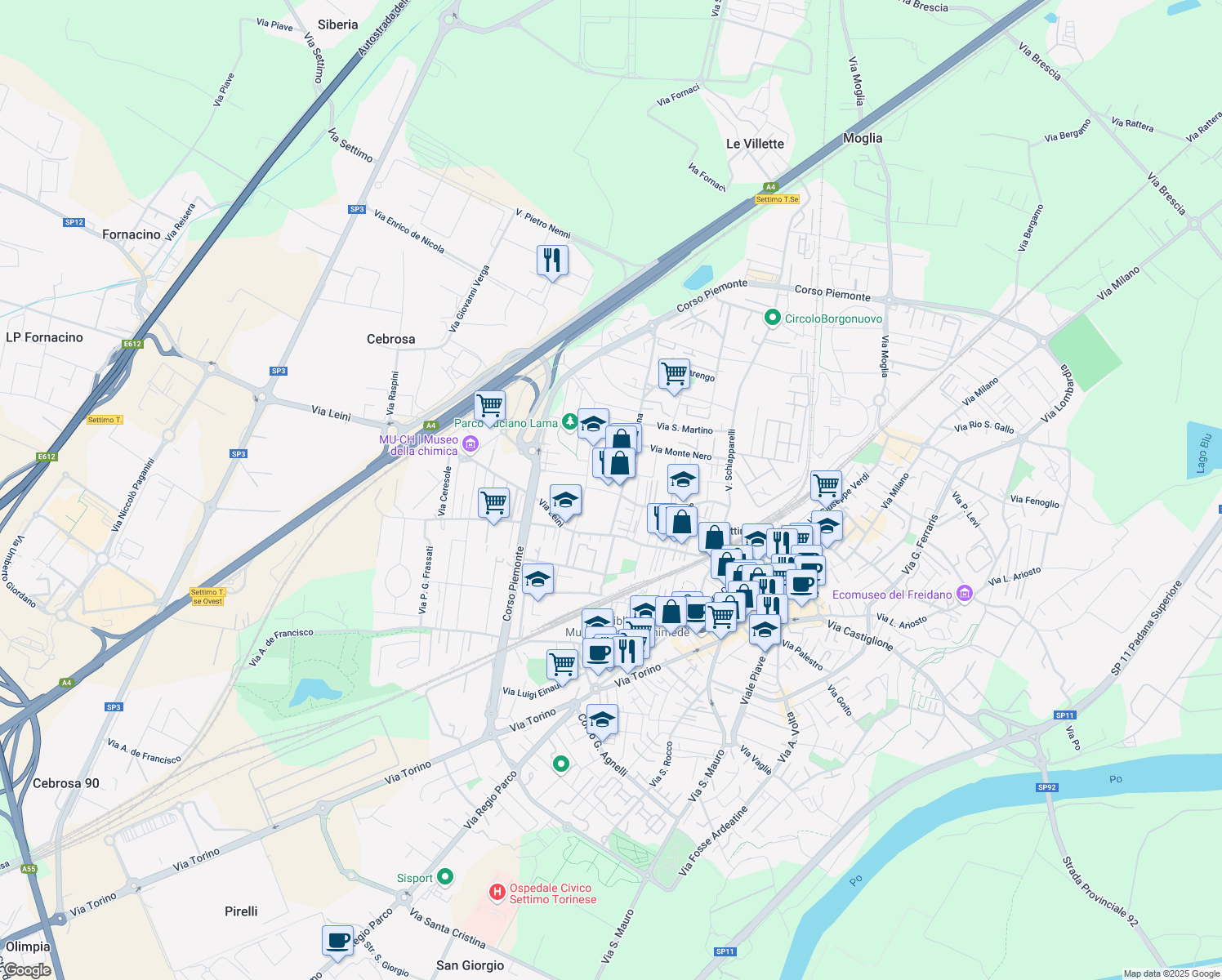 map of restaurants, bars, coffee shops, grocery stores, and more near 4 Via Brunelleschi in Settimo Torinese