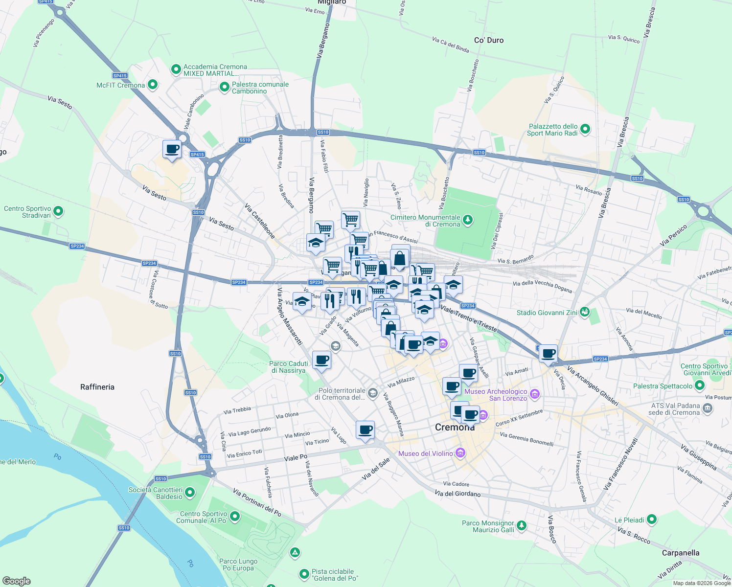 map of restaurants, bars, coffee shops, grocery stores, and more near 3 Piazza Risorgimento in Cremona