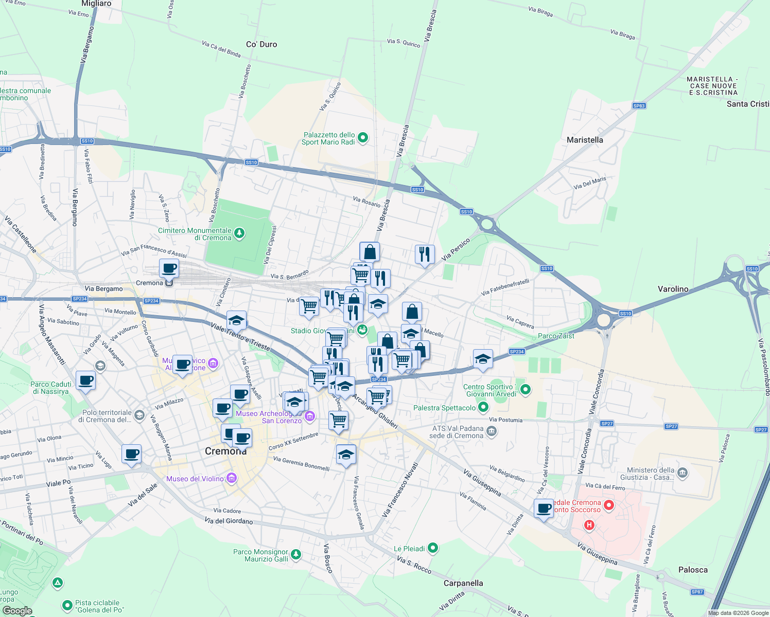 map of restaurants, bars, coffee shops, grocery stores, and more near 2 Via del Macello in Cremona