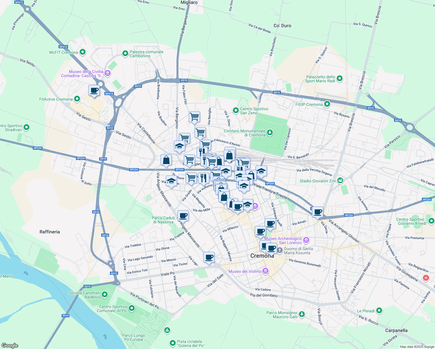 map of restaurants, bars, coffee shops, grocery stores, and more near 3 Piazza Risorgimento in Cremona