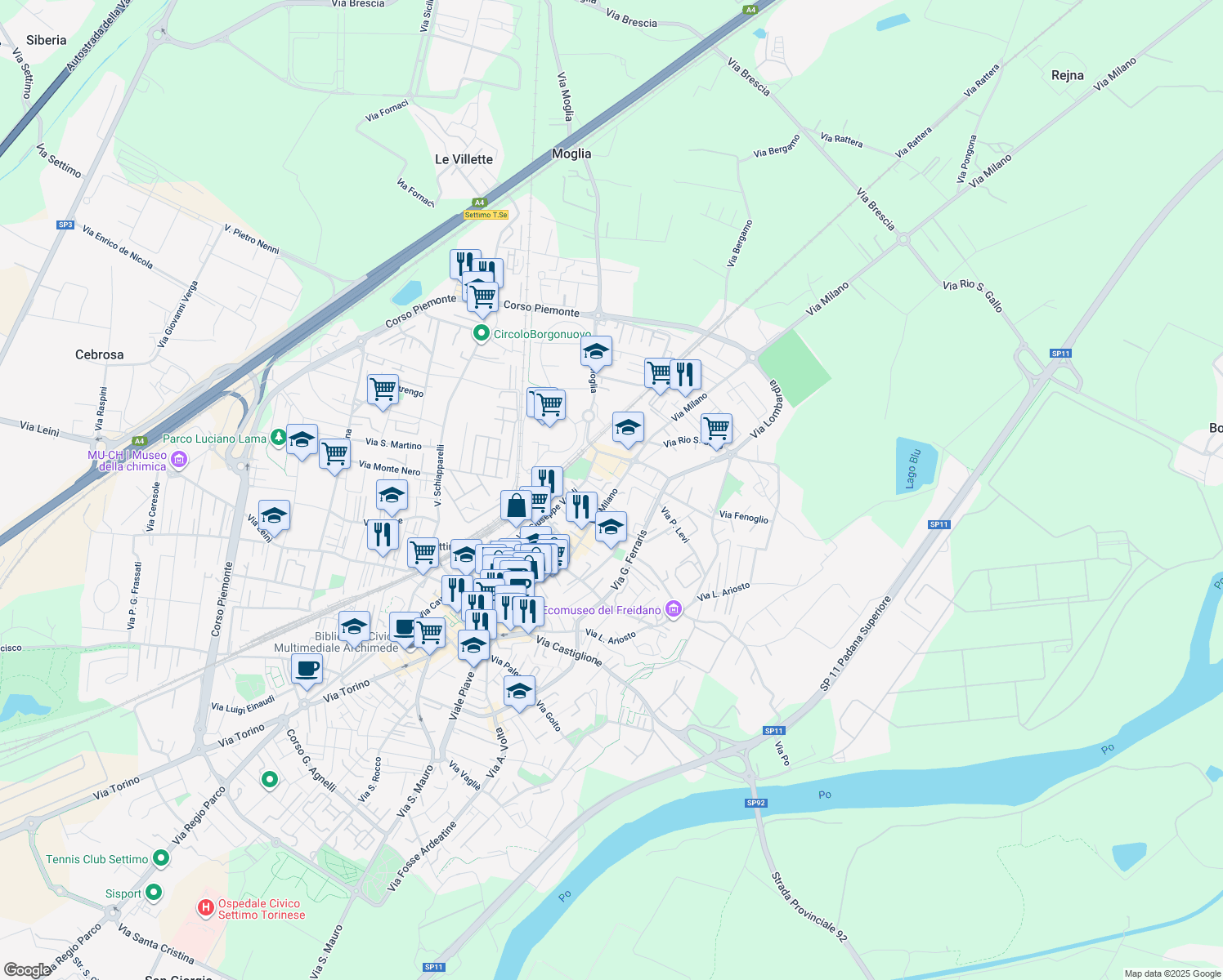 map of restaurants, bars, coffee shops, grocery stores, and more near 29D Via Milano in Settimo Torinese
