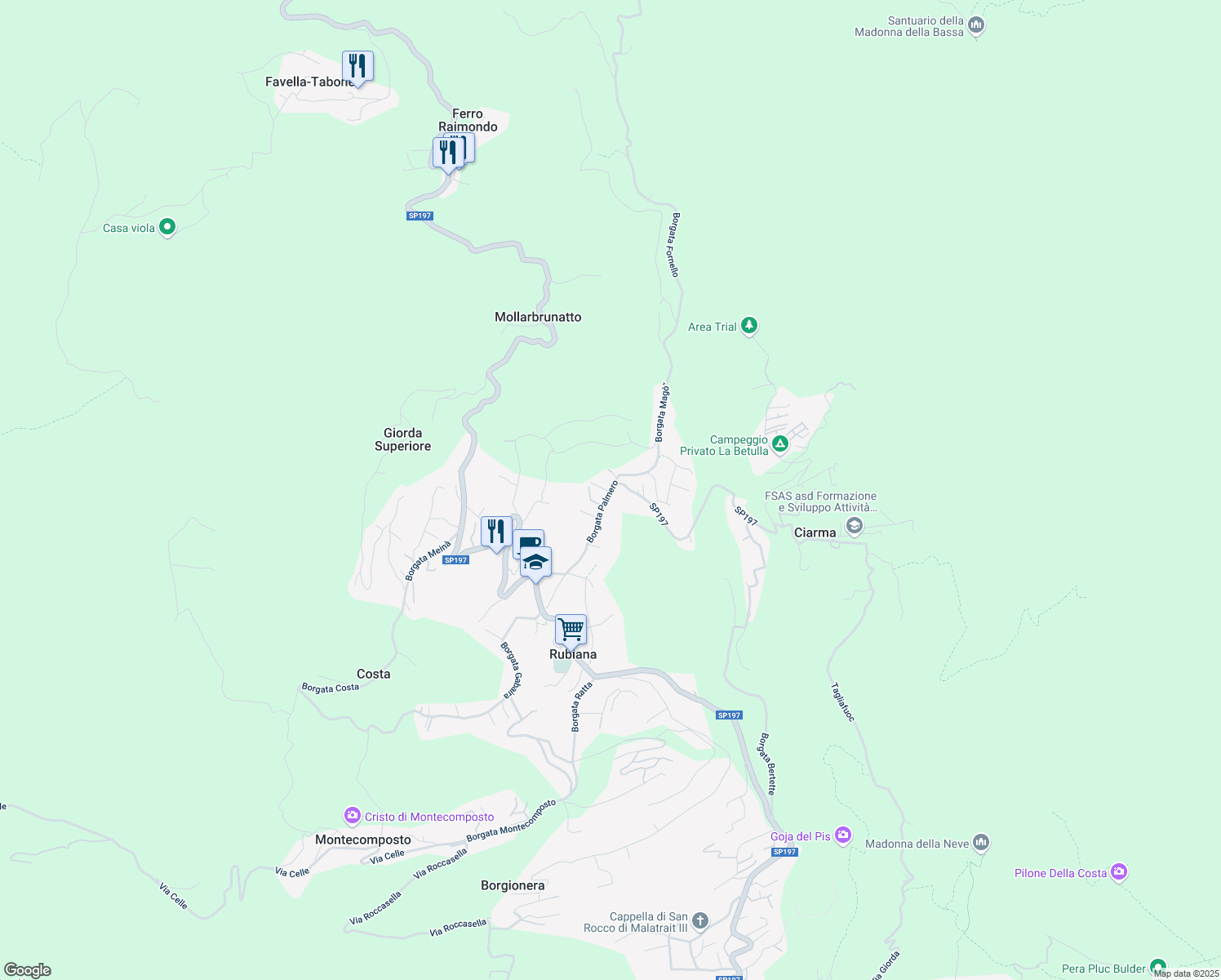 map of restaurants, bars, coffee shops, grocery stores, and more near 37 Borgata Palmero in Rubiana