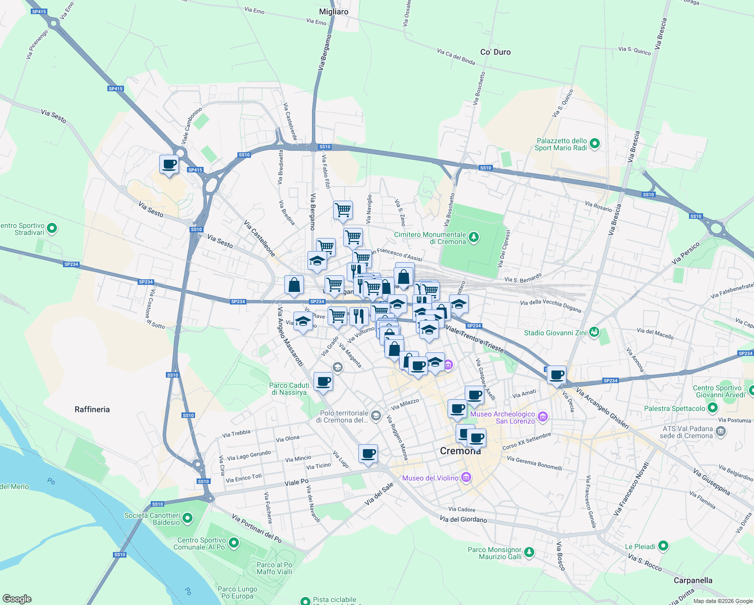 map of restaurants, bars, coffee shops, grocery stores, and more near 3 Piazza Risorgimento in Cremona