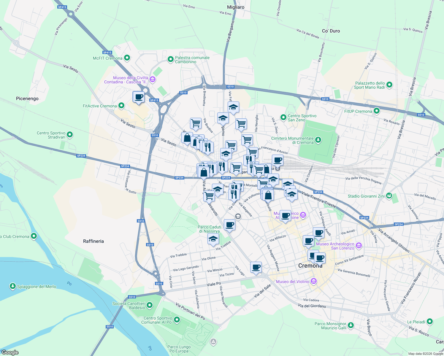 map of restaurants, bars, coffee shops, grocery stores, and more near 89 Via Ferruccio Ghinaglia in Cremona
