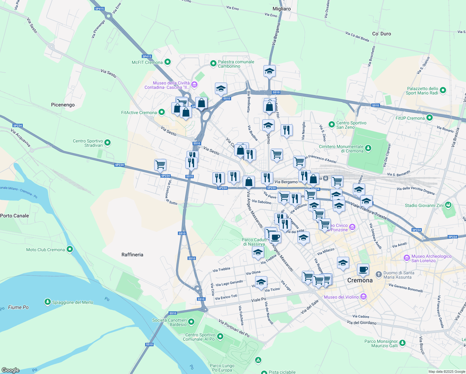 map of restaurants, bars, coffee shops, grocery stores, and more near 2-8 Via Antonio Barosi in Cremona