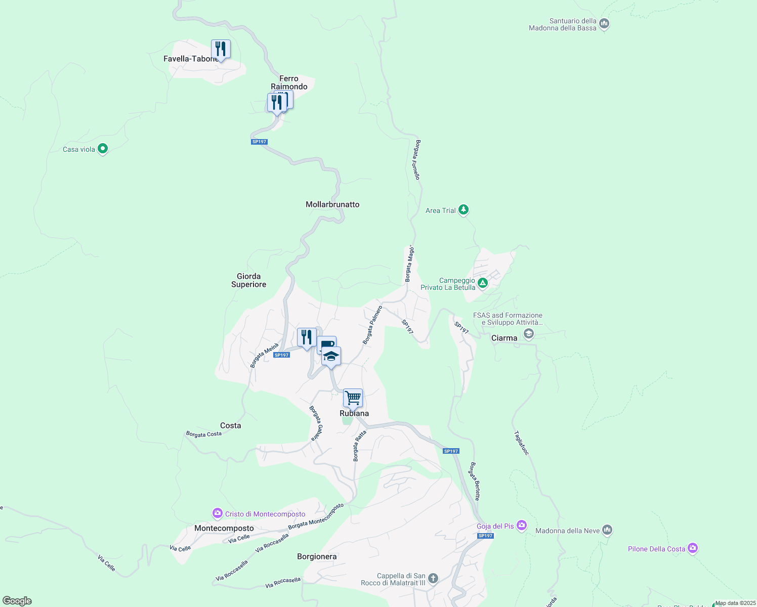 map of restaurants, bars, coffee shops, grocery stores, and more near 37 Borgata Palmero in Rubiana