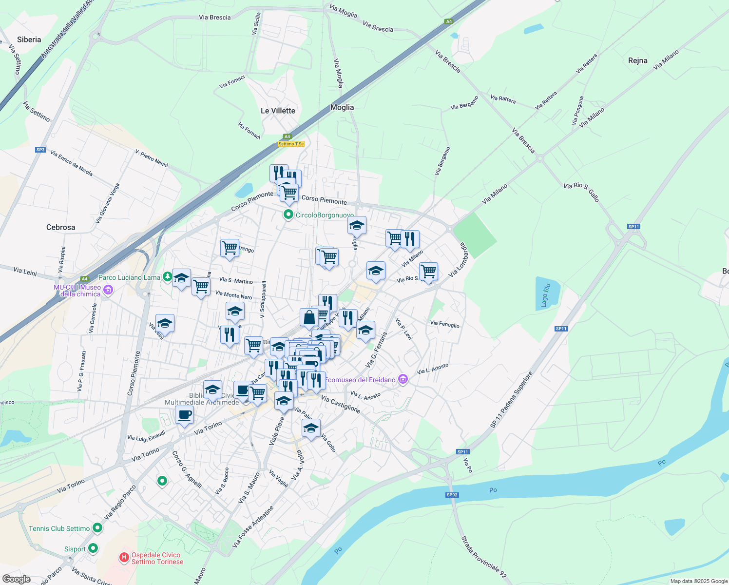 map of restaurants, bars, coffee shops, grocery stores, and more near 29D Via Milano in Settimo Torinese