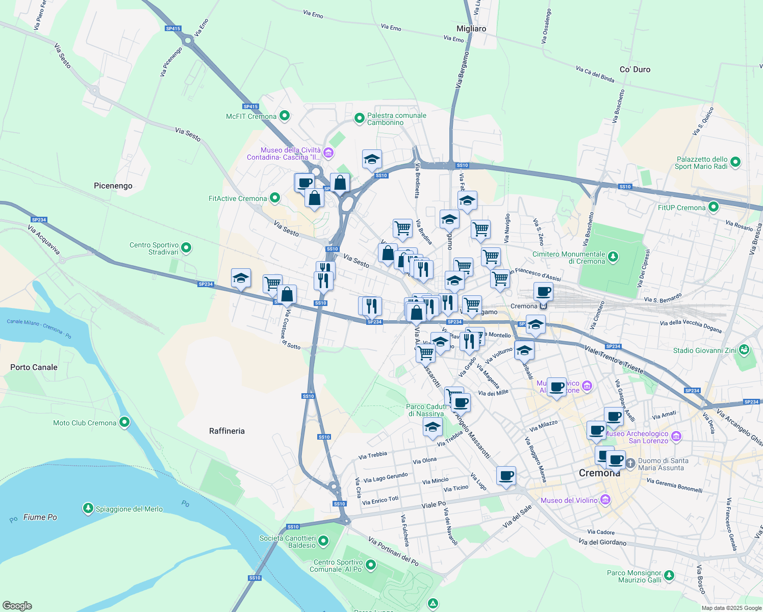 map of restaurants, bars, coffee shops, grocery stores, and more near 8 Via Antonio Barosi in Cremona